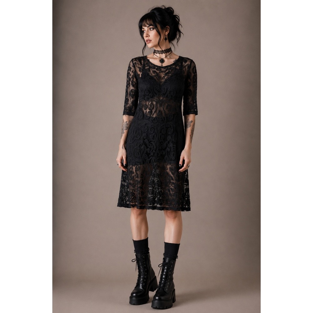 Dark Romantic Goth Black Lace Sheer Dress Small Indie Sleaze Grunge